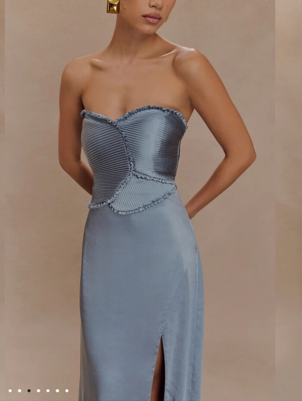 Meshki Slate Blue Strapless Satin Gown with High Slit - Picture 3 of 12